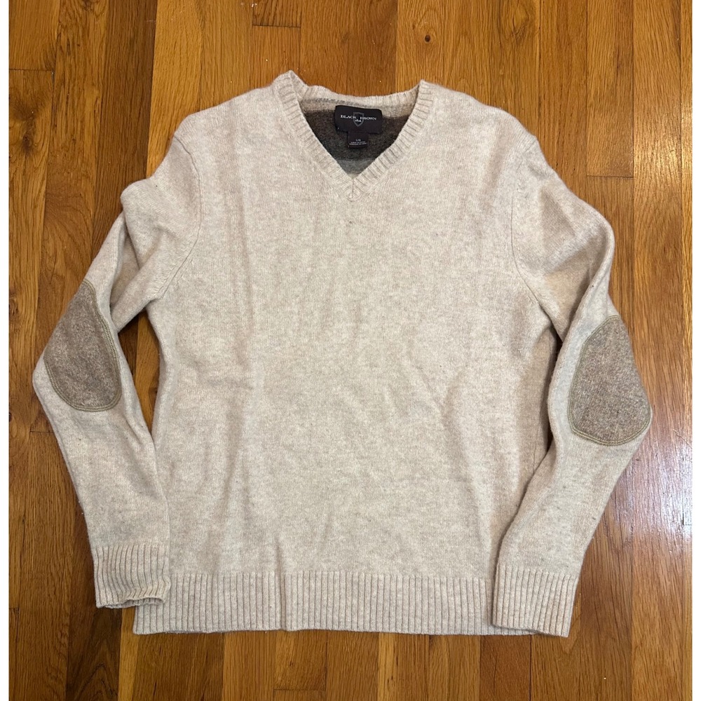 Black Brown 1826 Mens Lambswool V-Neck Sweater Beige Elbow Patches Large